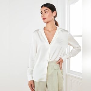 Quince women's stretch silk notched collar button up shirt in ivory, size S